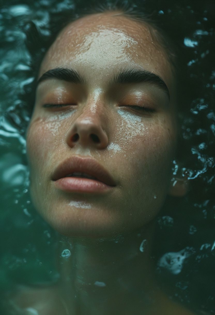 A woman peacefully closing her eyes underwater, enjoying a serene moment of tranquility.