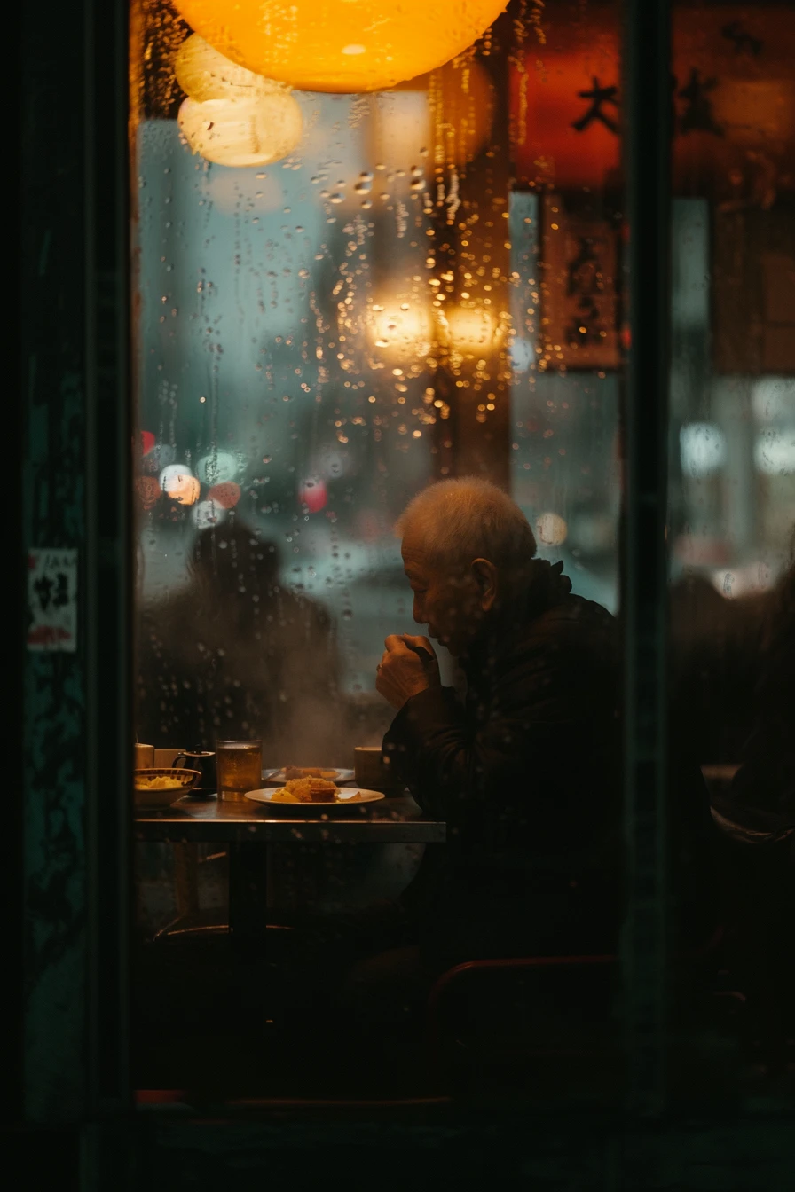 A man sitting at a restaurant table and enjoying a meal.