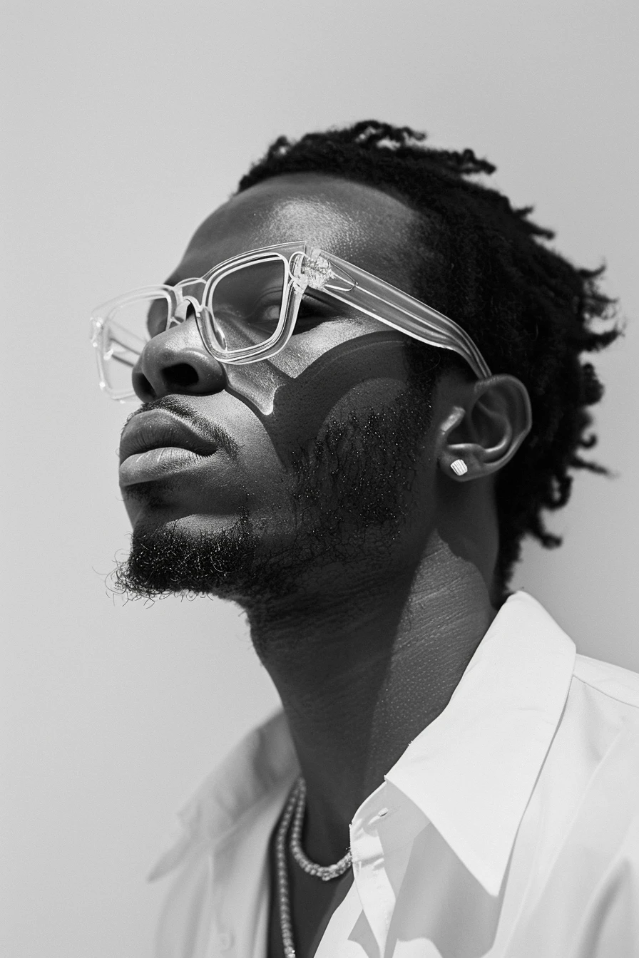 A monochrome image of a man with glasses.