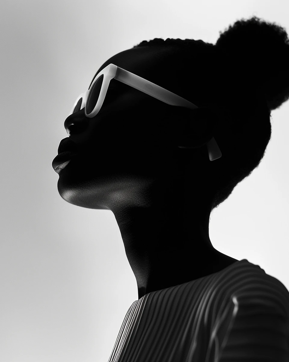 A woman with glasses in a black and white photo.