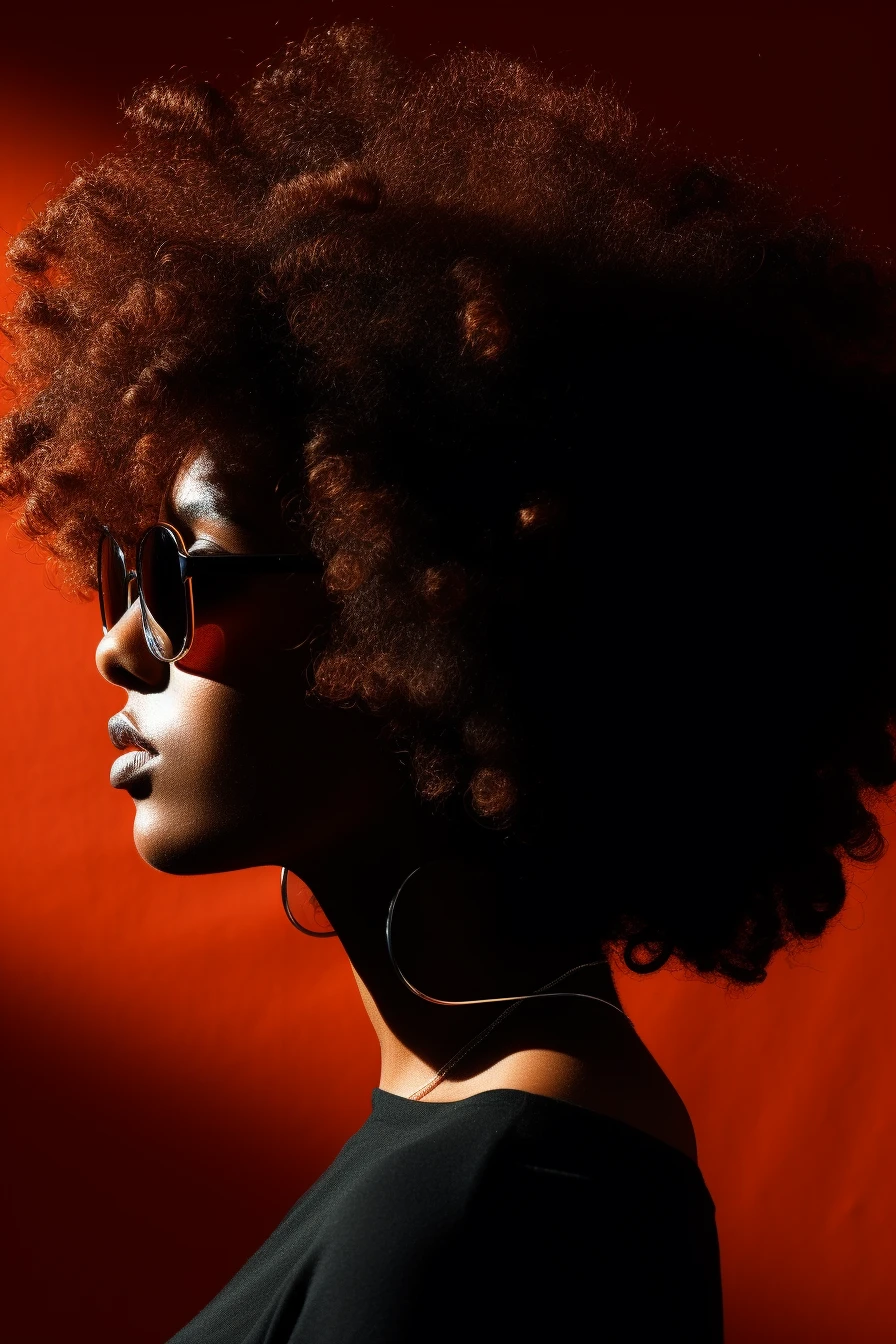 A stylish woman with an afro hairstyle and sunglasses, exuding confidence and flair.