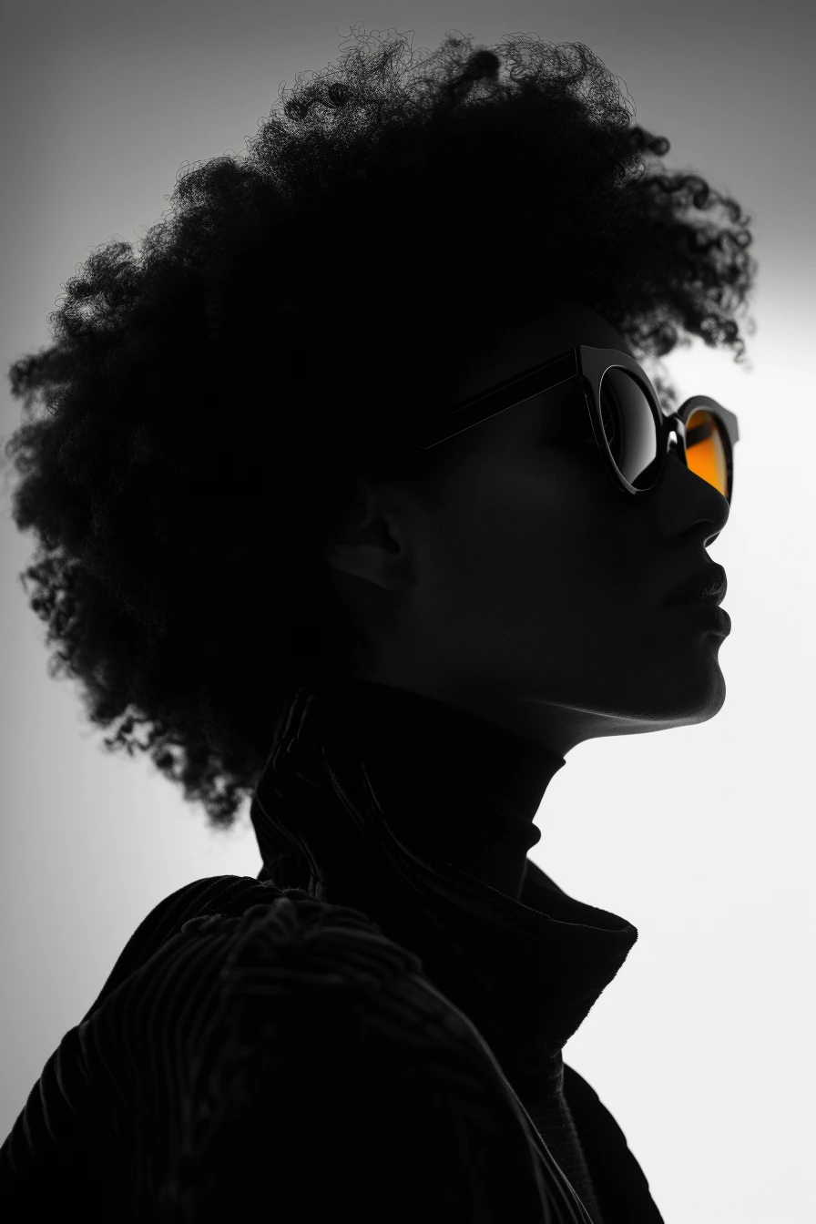 A stylish woman with an afro hair and sunglasses, looking cool and confident.