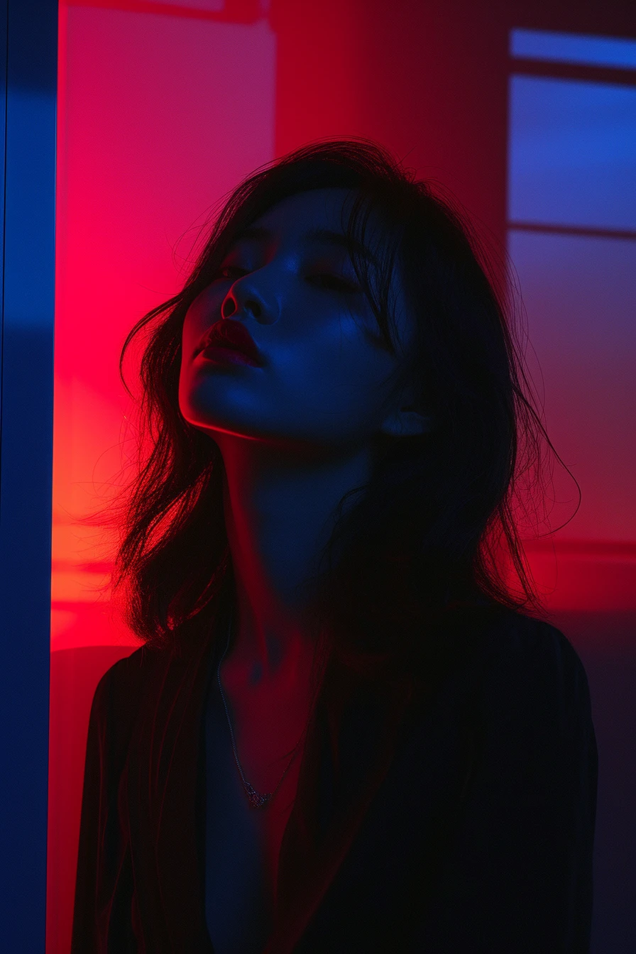 Lady wearing black dress stands under red and blue lights.
