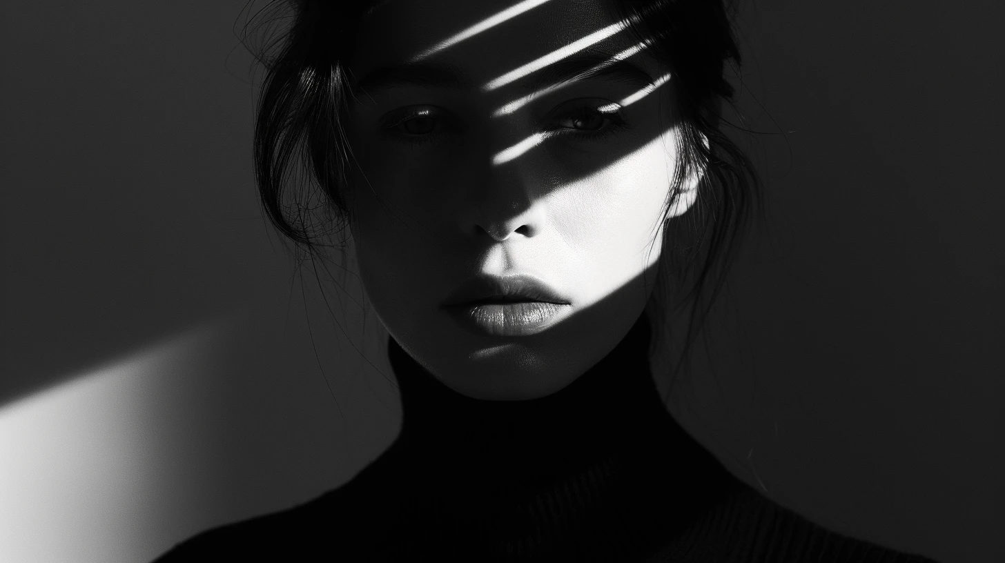 A woman in black and white with shadows on her face, looking mysterious and elegant.
